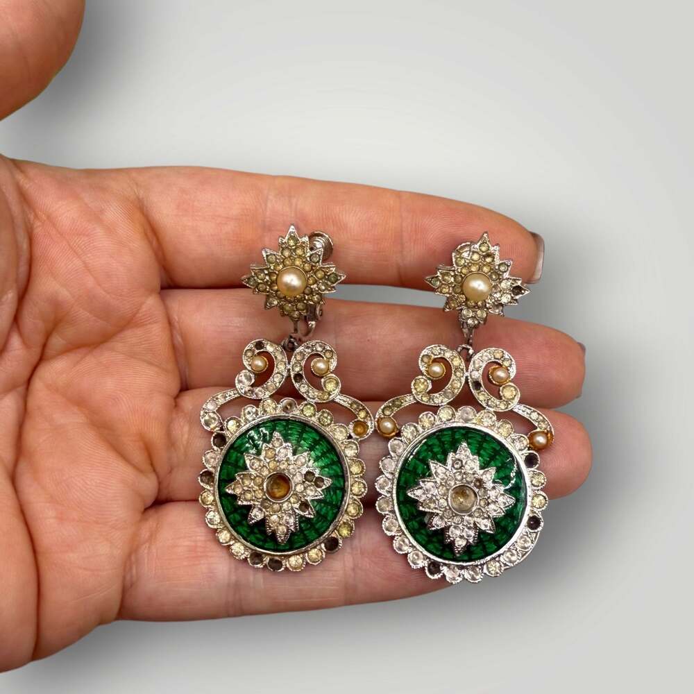 Vintage Signed VENDOME Belle Epoque Green Enamel Rhinestone Dangle Clip Earrings